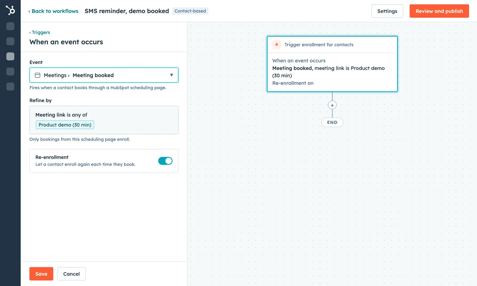 A contact-based workflow on the Meeting booked event, limited to one scheduling page.