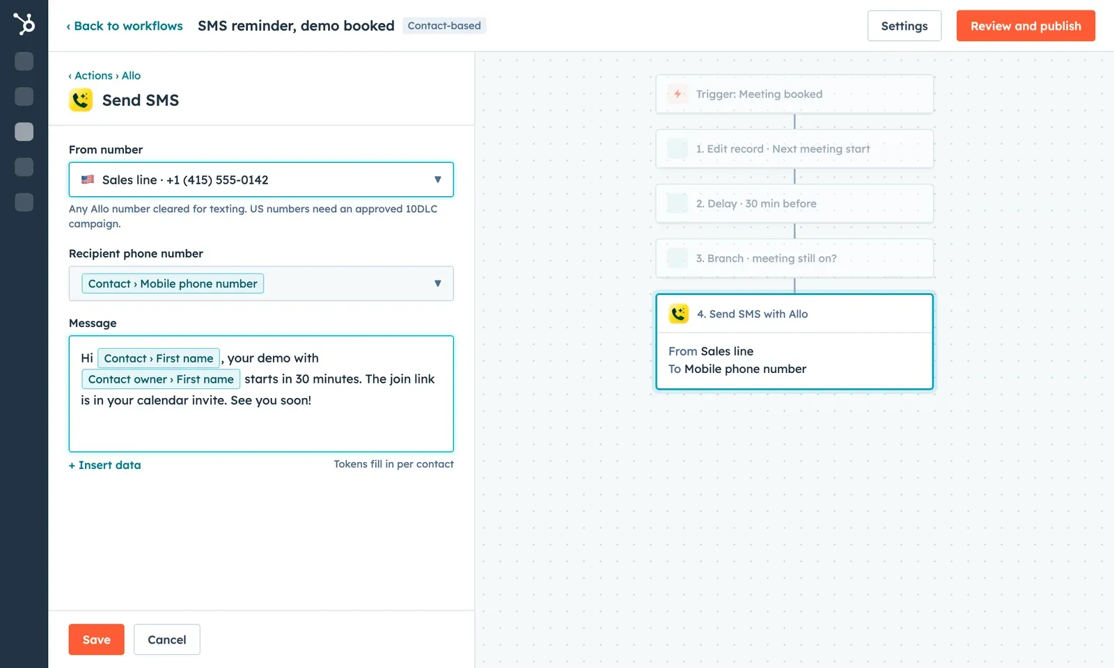 The Allo action: pick the number, map the recipient, write the message.