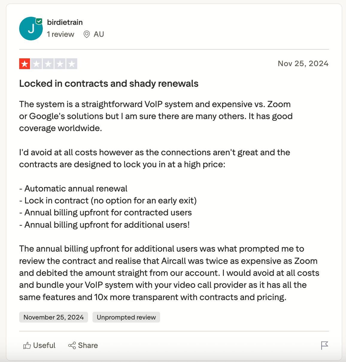 A screenshot of a Trustpilot review mentioning Aircall billing practices