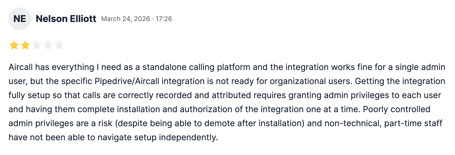 An Aircall user sharing their experience with the Pipedrive integration on the Pipedrive marketplace