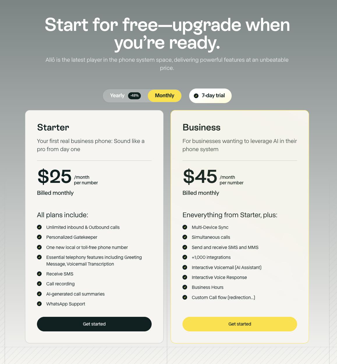 A screenshot of Allo's pricingj