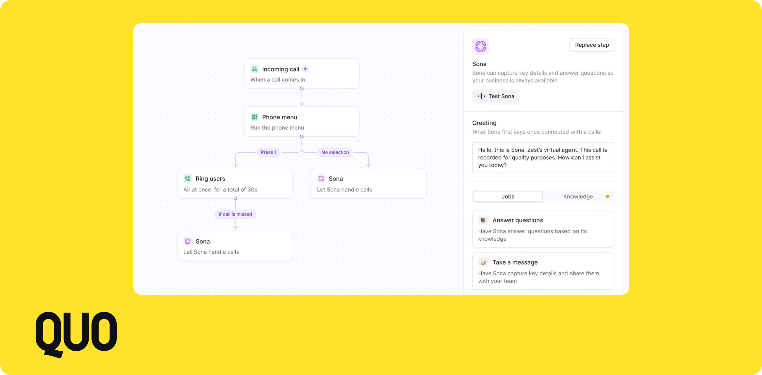 Sona, Quo's ai answering service
