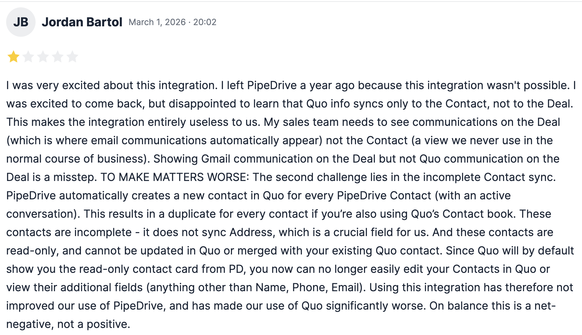 A pipedrive user sharing their experience with the Quo integration