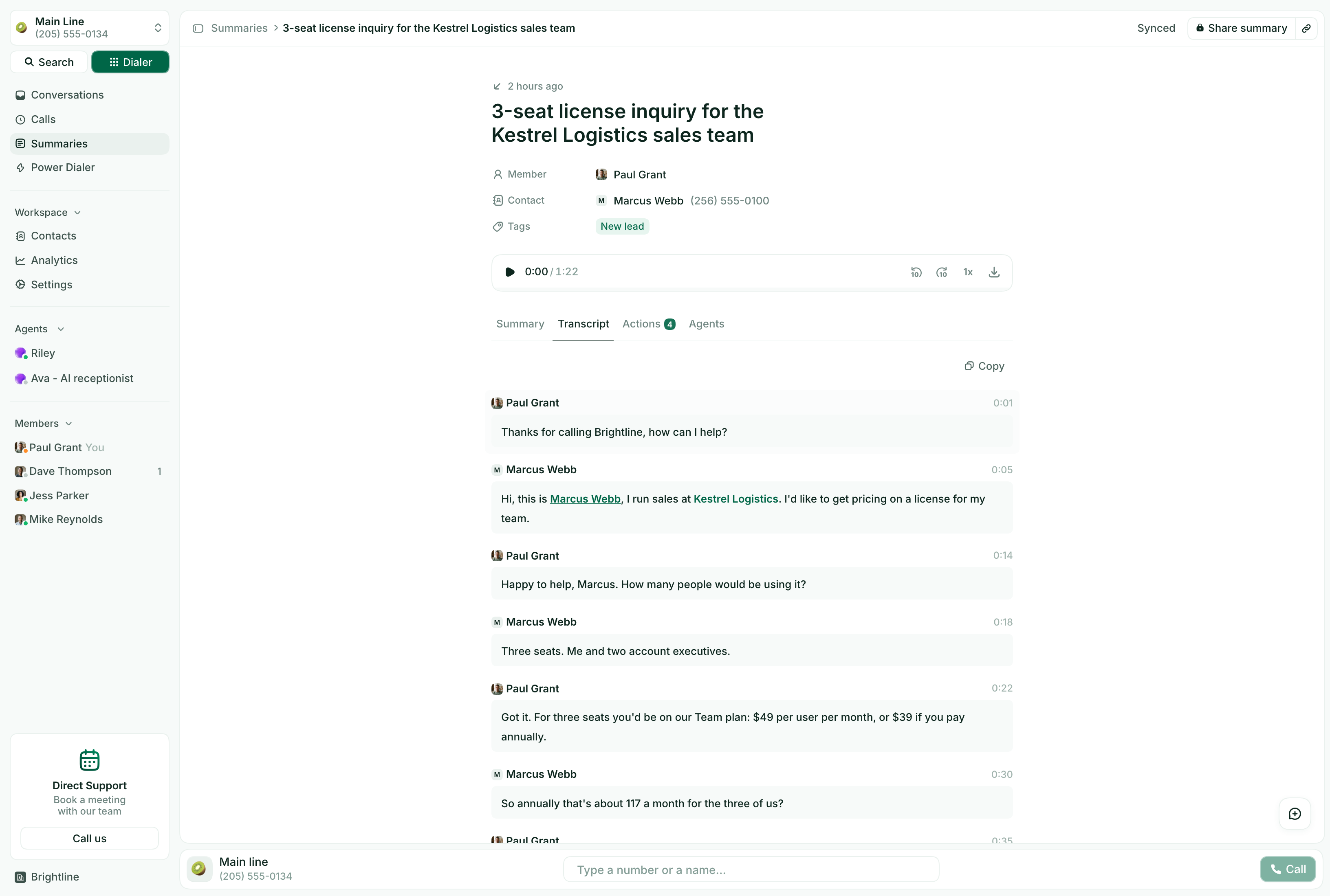 A call transcript in Allo