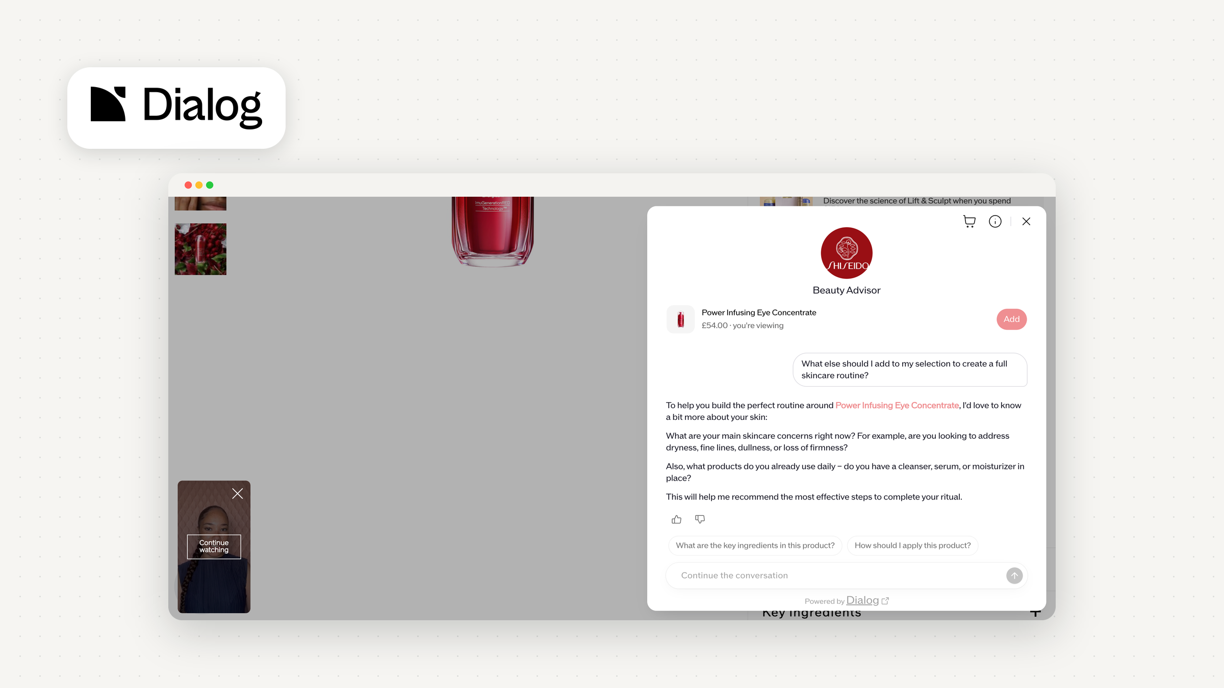 Dialog PDP assistant on Shiseido