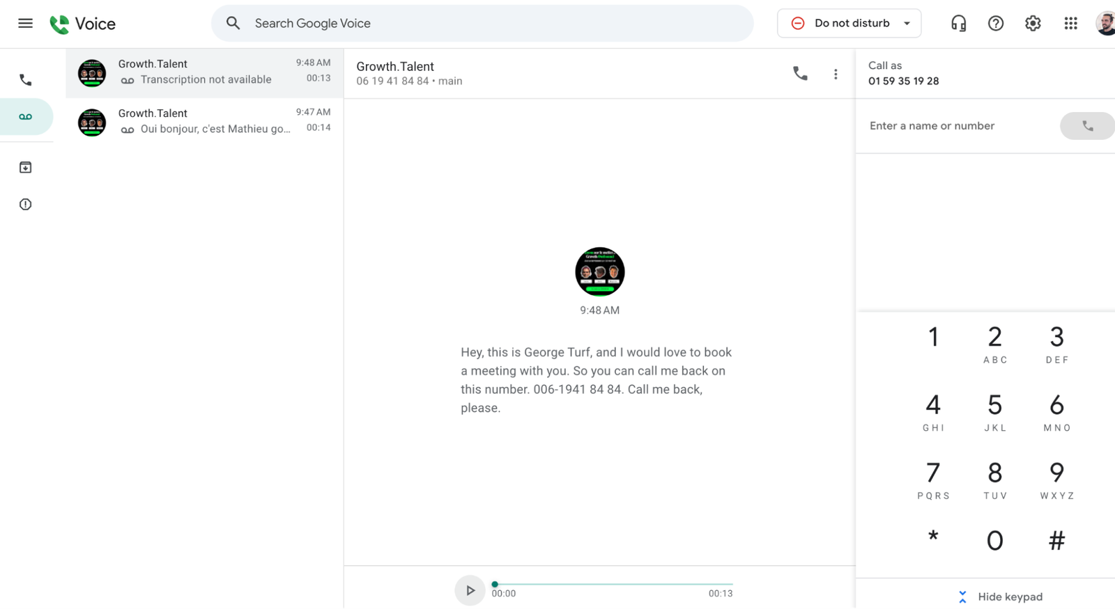 A screenshot of Google Voice's dashboard