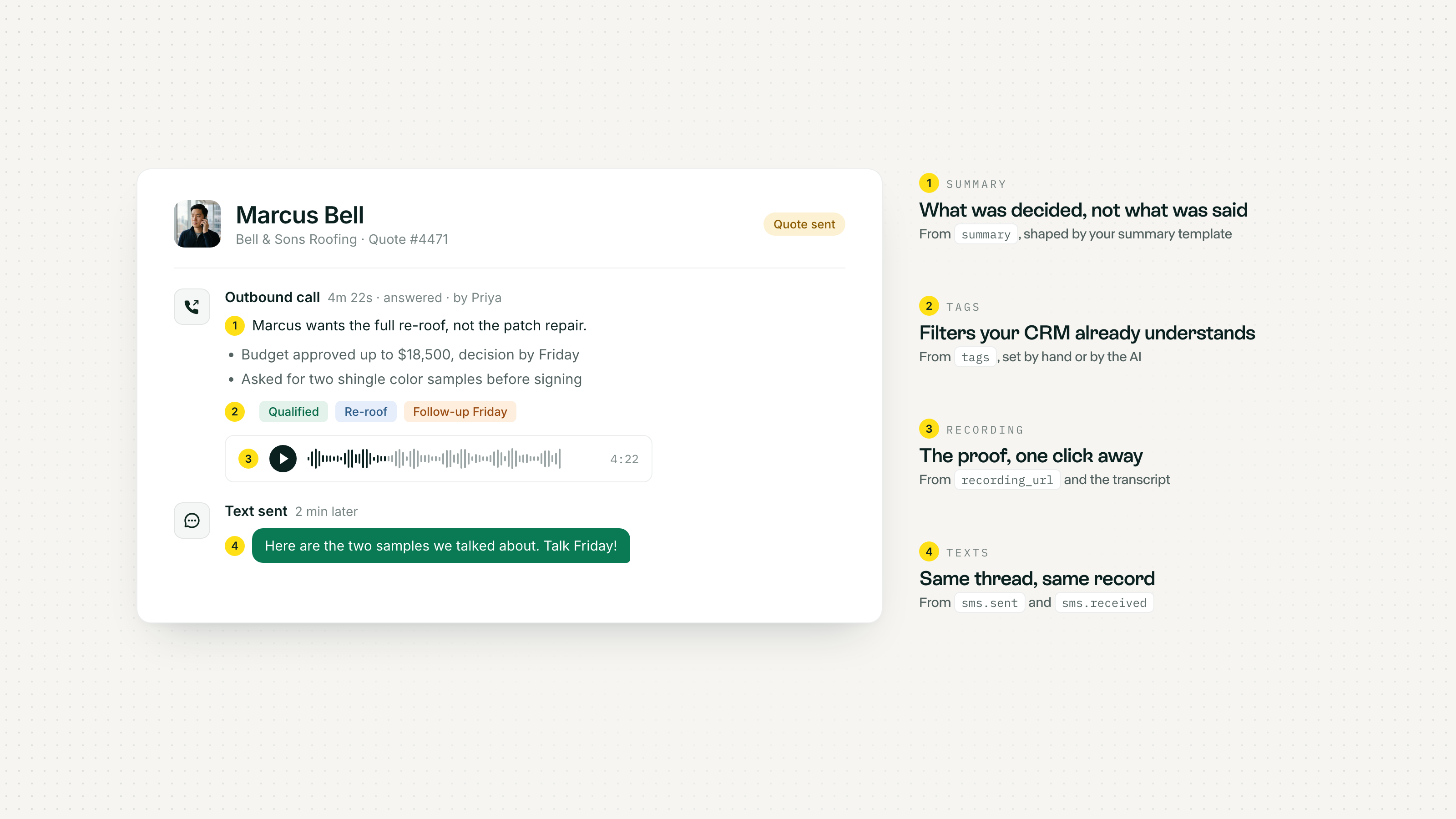 A custom CRM record after a call: Al summary, colored call tags, a recording player and a follow-up text, each mapped to a webhook field.