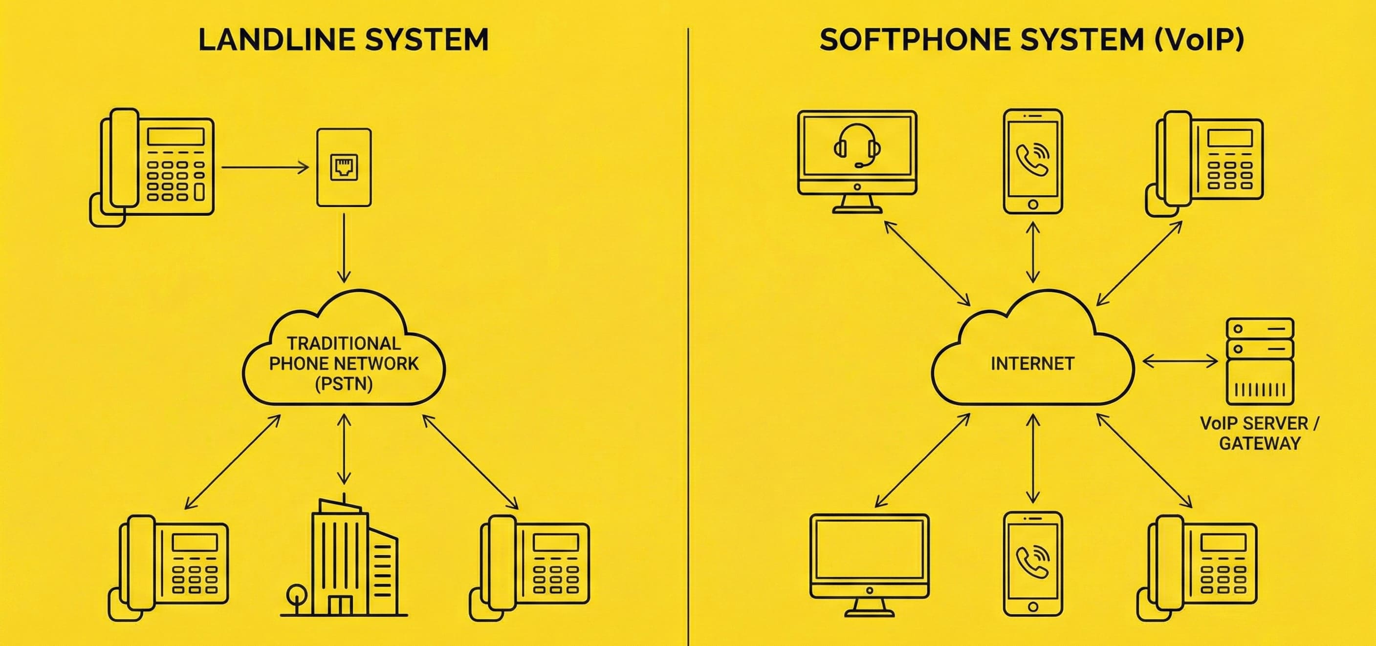 A diagram showing the difference between a landline system and a softphone system