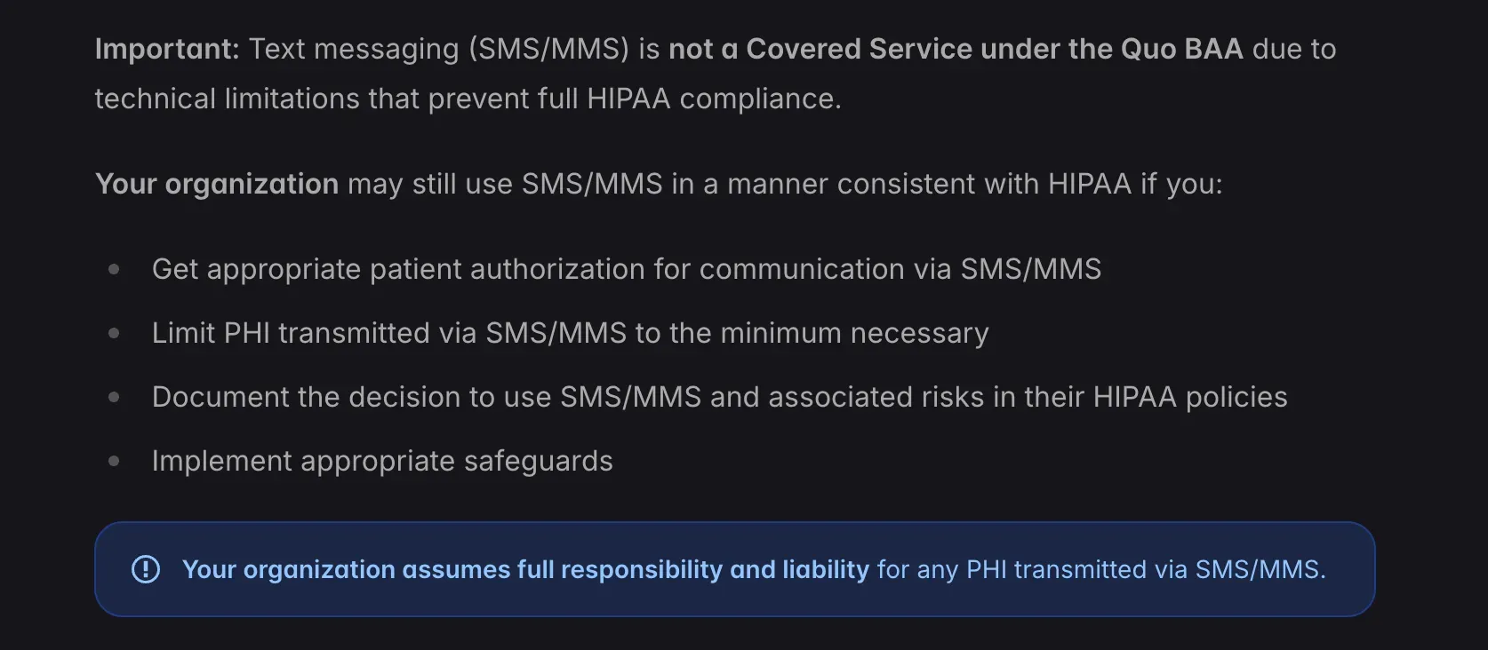 Quo BAA HIPAA limitations screenshot