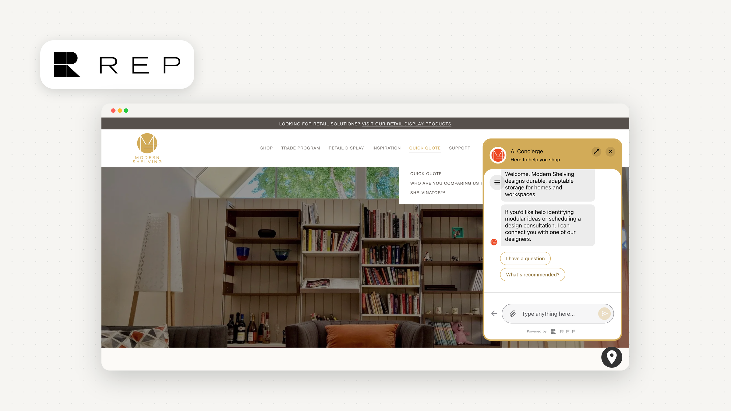 Rep AI's AI assistant on modernshelving.com
